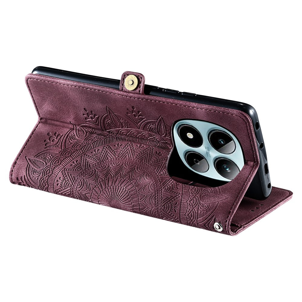 For Xiaomi Redmi Note 15 Pro 4G (Global) Case Skin Feel Totem Imprinted Wallet Leather Phone Cover with Hand Strap - Wine Red