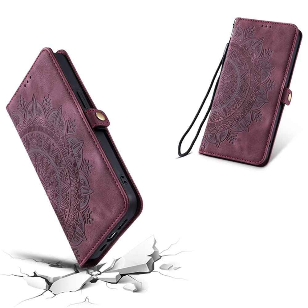 For Xiaomi Redmi Note 15 Pro 4G (Global) Case Skin Feel Totem Imprinted Wallet Leather Phone Cover with Hand Strap - Wine Red