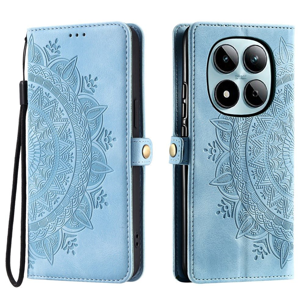 For Xiaomi Redmi Note 15 Pro 4G (Global) Case Skin Feel Totem Imprinted Wallet Leather Phone Cover with Hand Strap - Lake Blue