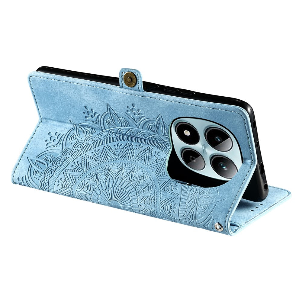 For Xiaomi Redmi Note 15 Pro 4G (Global) Case Skin Feel Totem Imprinted Wallet Leather Phone Cover with Hand Strap - Lake Blue