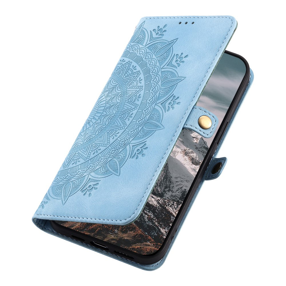For Xiaomi Redmi Note 15 Pro 4G (Global) Case Skin Feel Totem Imprinted Wallet Leather Phone Cover with Hand Strap - Lake Blue