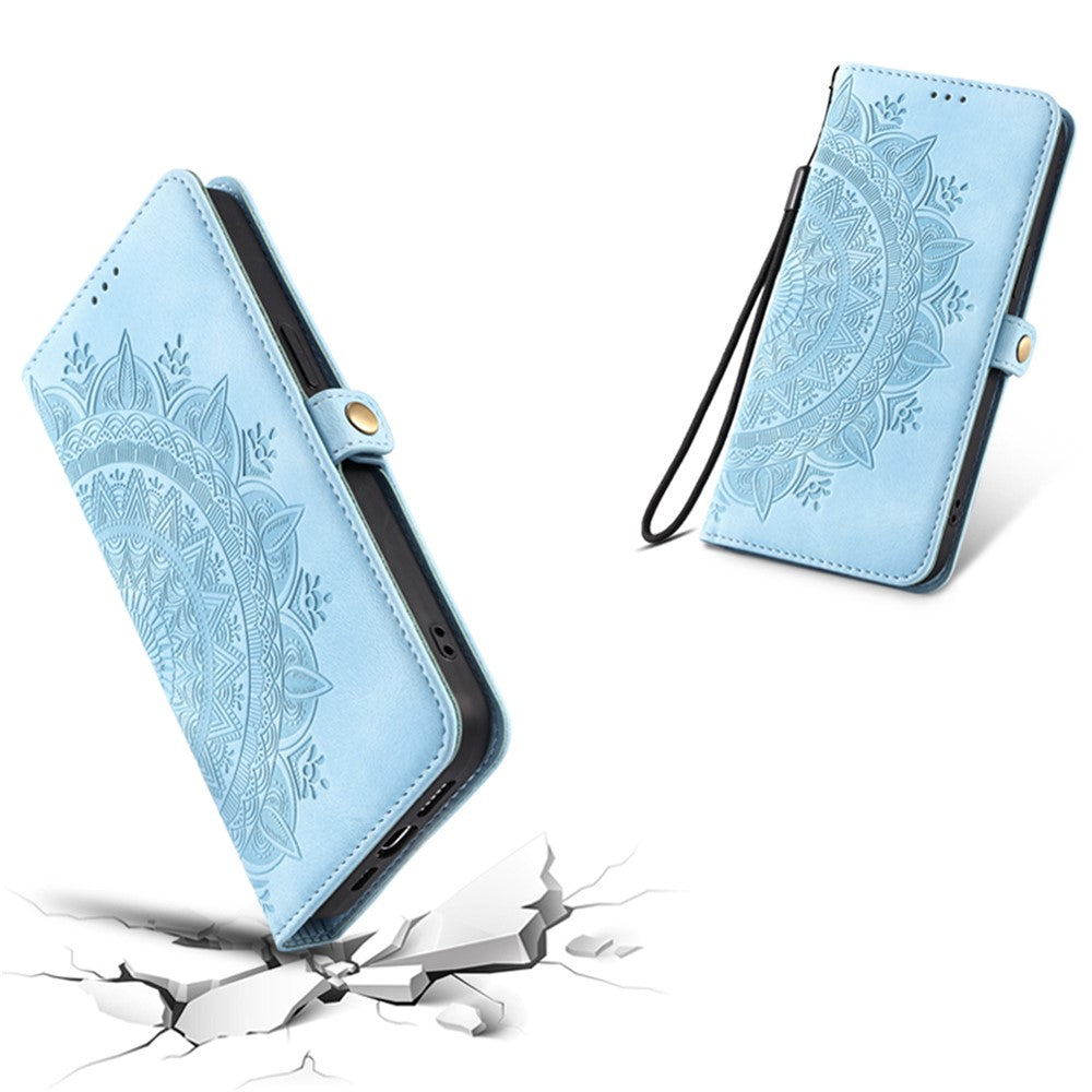 For Xiaomi Redmi Note 15 Pro 4G (Global) Case Skin Feel Totem Imprinted Wallet Leather Phone Cover with Hand Strap - Lake Blue