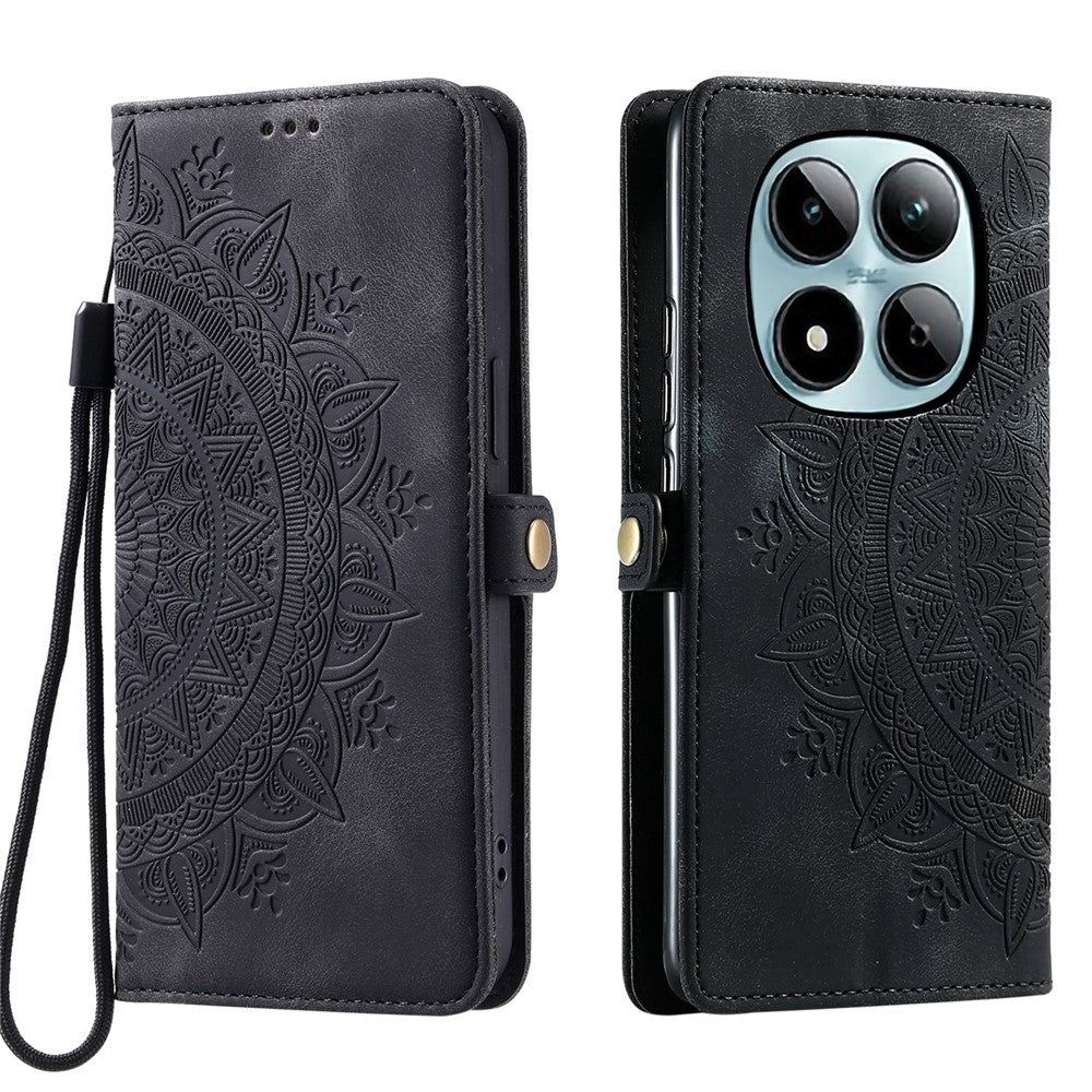For Xiaomi Redmi Note 15 Pro 4G (Global) Case Skin Feel Totem Imprinted Wallet Leather Phone Cover with Hand Strap - Black