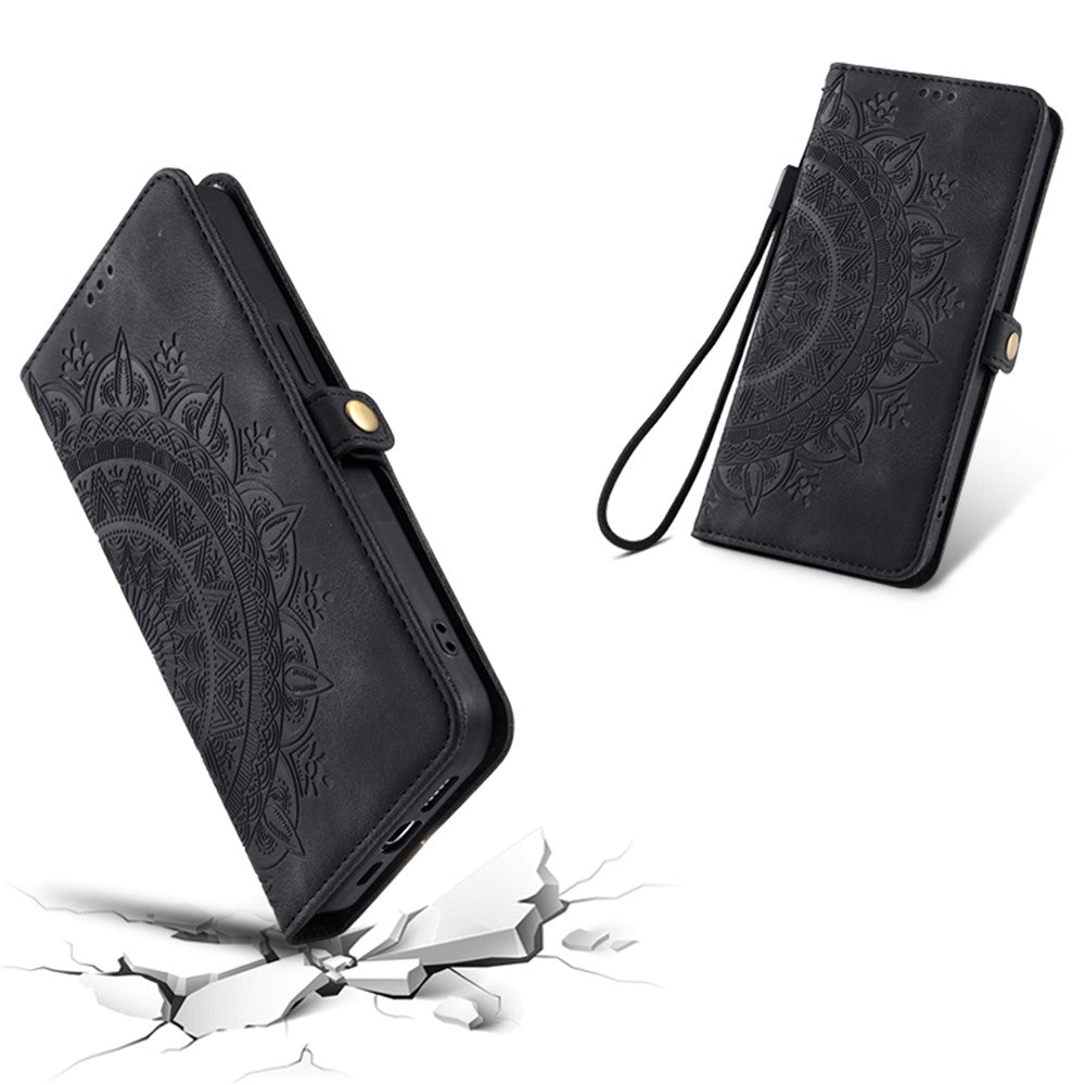 For Xiaomi Redmi Note 15 Pro 4G (Global) Case Skin Feel Totem Imprinted Wallet Leather Phone Cover with Hand Strap - Black