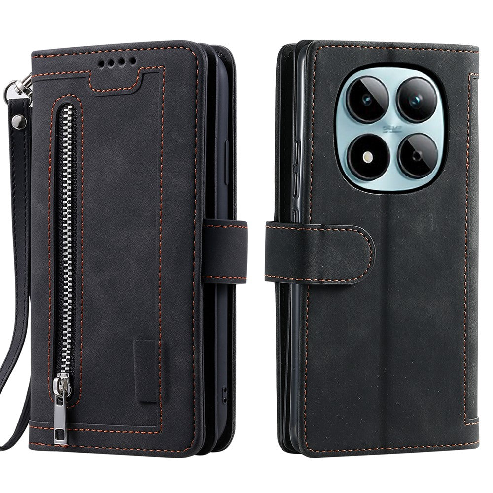 For Xiaomi Redmi Note 15 Pro 4G (Global) Case 9 Card Slots Zipper Wallet PU Leather Phone Cover with Wrist Strap - Black