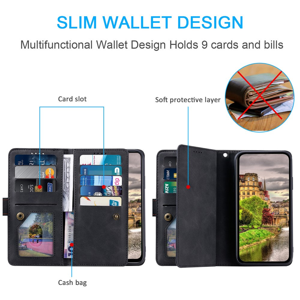 For Xiaomi Redmi Note 15 Pro 4G (Global) Case 9 Card Slots Zipper Wallet PU Leather Phone Cover with Wrist Strap - Black