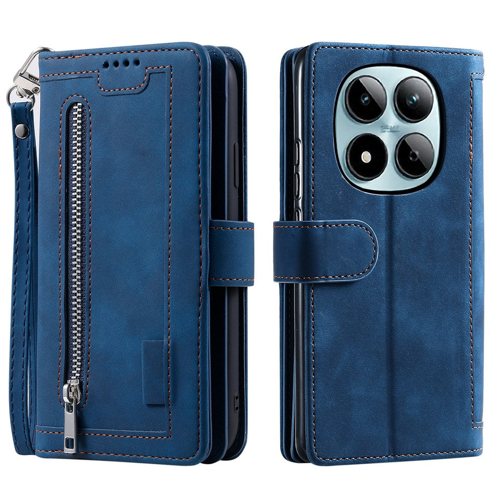 For Xiaomi Redmi Note 15 Pro 4G (Global) Case 9 Card Slots Zipper Wallet PU Leather Phone Cover with Wrist Strap - Blue