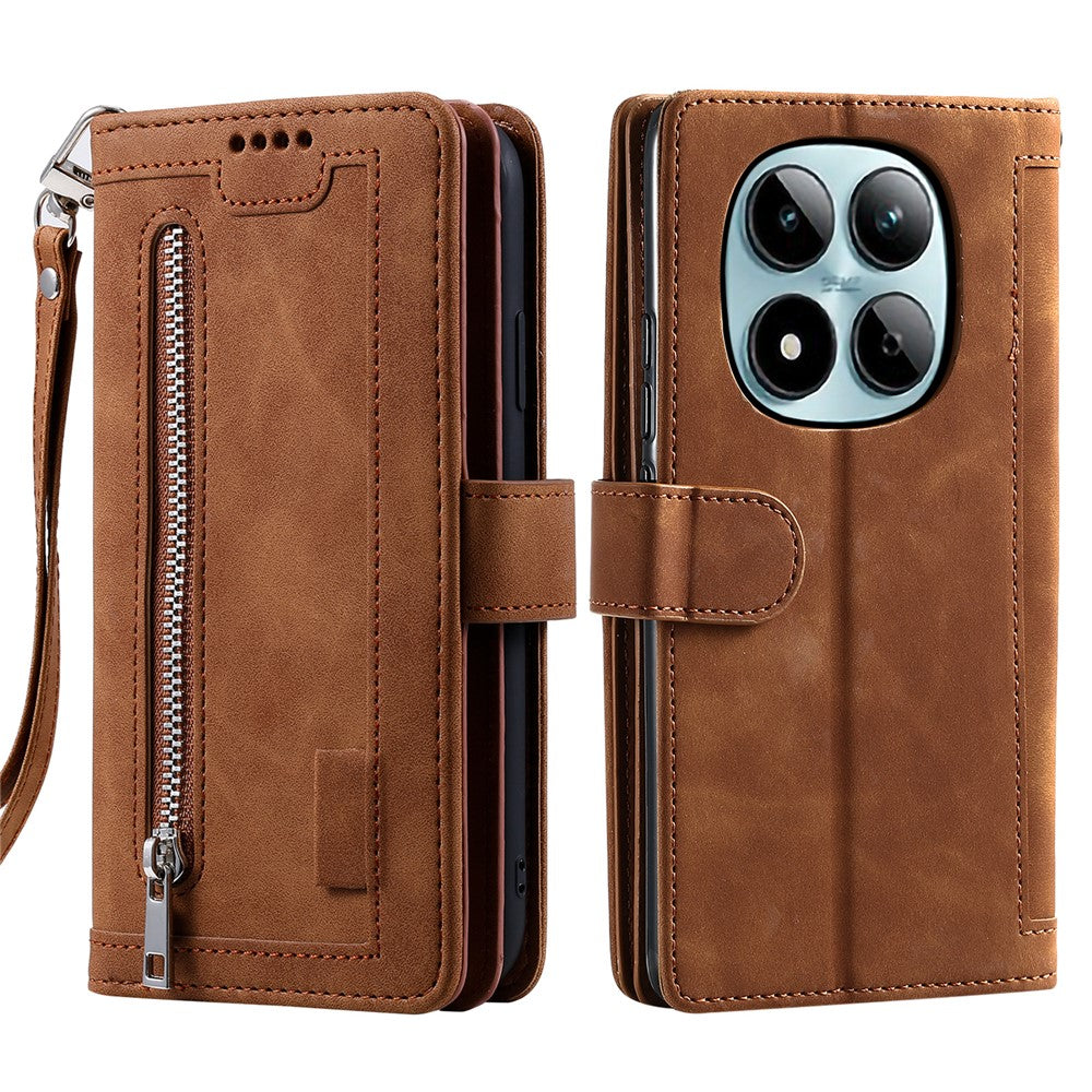 For Xiaomi Redmi Note 15 Pro 4G (Global) Case 9 Card Slots Zipper Wallet PU Leather Phone Cover with Wrist Strap - Brown