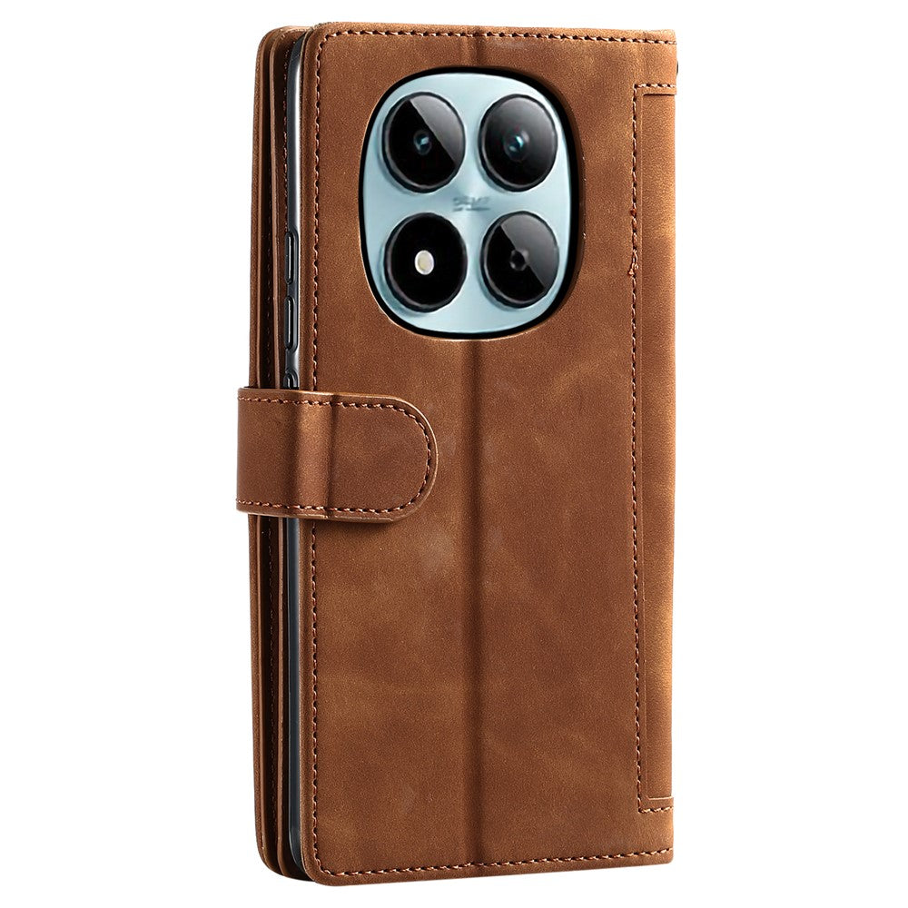For Xiaomi Redmi Note 15 Pro 4G (Global) Case 9 Card Slots Zipper Wallet PU Leather Phone Cover with Wrist Strap - Brown