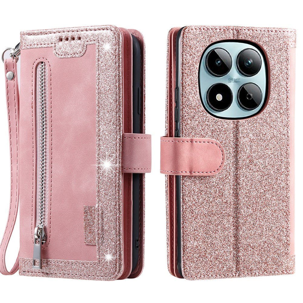 For Xiaomi Redmi Note 15 Pro 4G (Global) Case 9 Card Slots Zipper Wallet PU Leather Phone Cover with Wrist Strap - Rose Gold