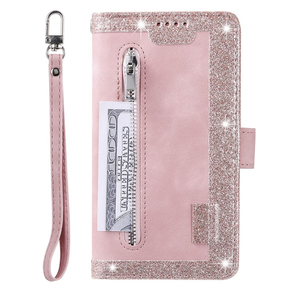 For Xiaomi Redmi Note 15 Pro 4G (Global) Case 9 Card Slots Zipper Wallet PU Leather Phone Cover with Wrist Strap - Rose Gold