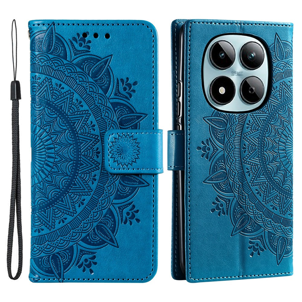 For Xiaomi Redmi Note 15 Pro 4G (Global) Stand Case Imprinted Totem PU Leather Wallet Phone Cover with Wrist Strap - Blue