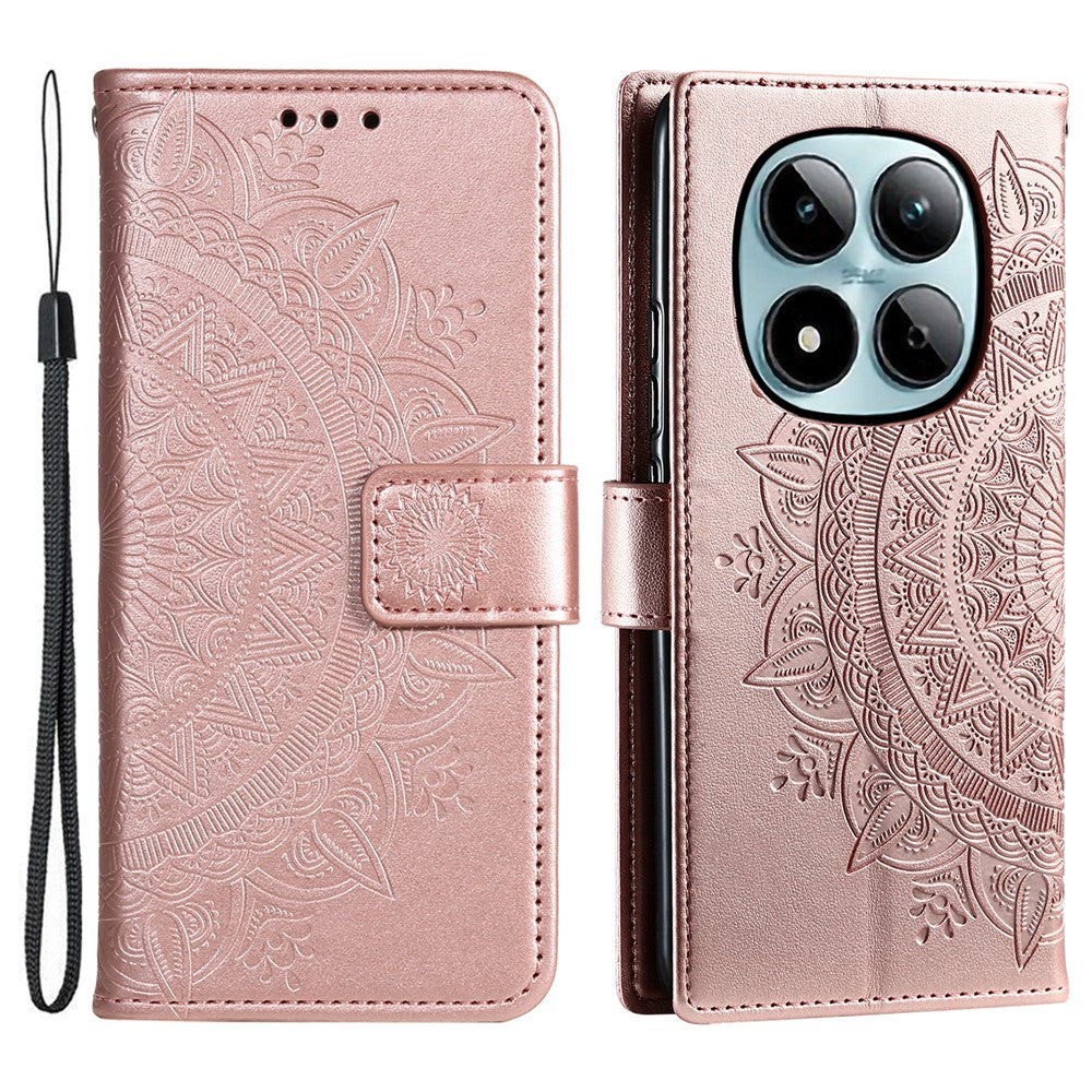 For Xiaomi Redmi Note 15 Pro 4G (Global) Stand Case Imprinted Totem PU Leather Wallet Phone Cover with Wrist Strap - Rose Gold