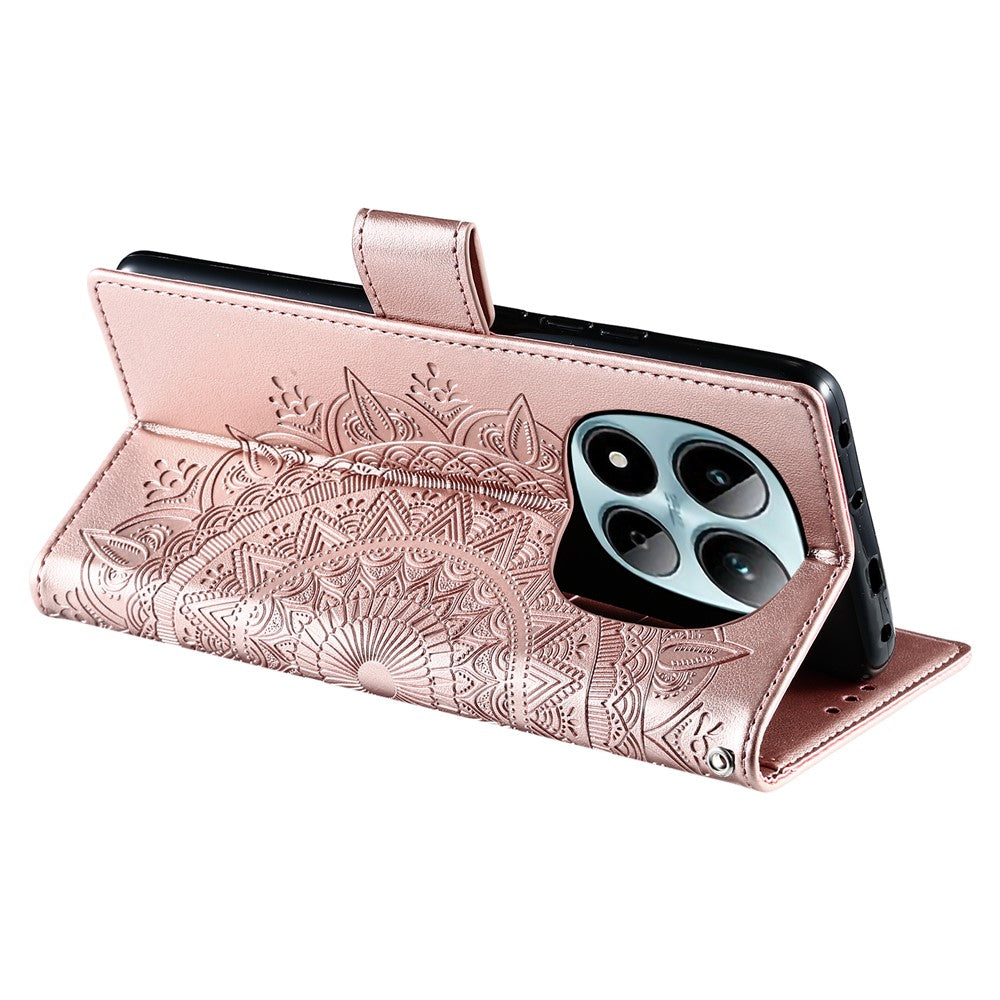 For Xiaomi Redmi Note 15 Pro 4G (Global) Stand Case Imprinted Totem PU Leather Wallet Phone Cover with Wrist Strap - Rose Gold