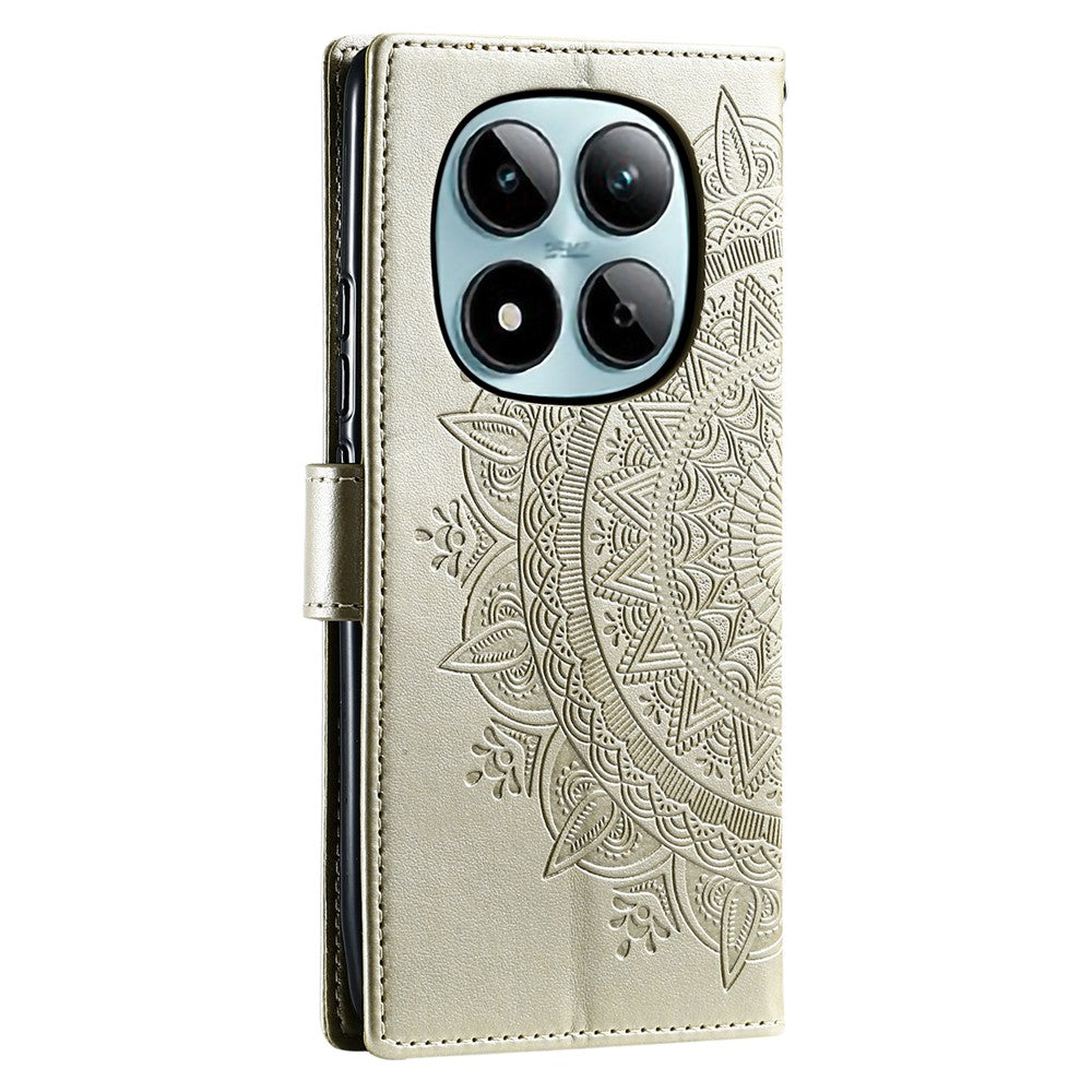 For Xiaomi Redmi Note 15 Pro 4G (Global) Stand Case Imprinted Totem PU Leather Wallet Phone Cover with Wrist Strap - Gold
