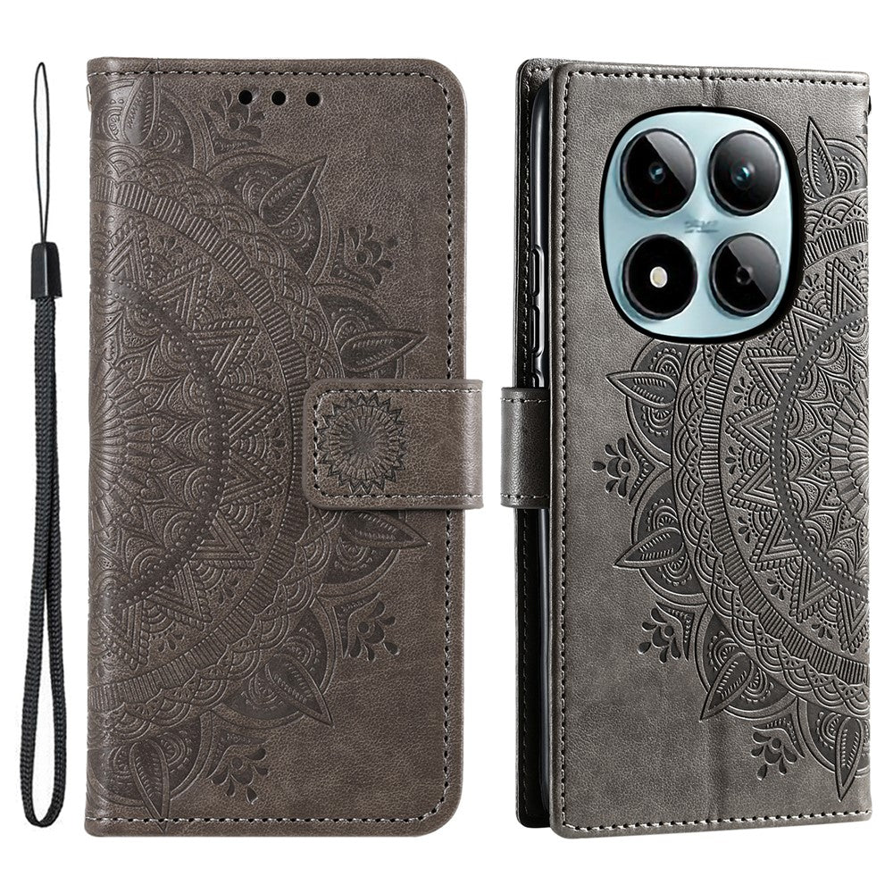 For Xiaomi Redmi Note 15 Pro 4G (Global) Stand Case Imprinted Totem PU Leather Wallet Phone Cover with Wrist Strap - Grey
