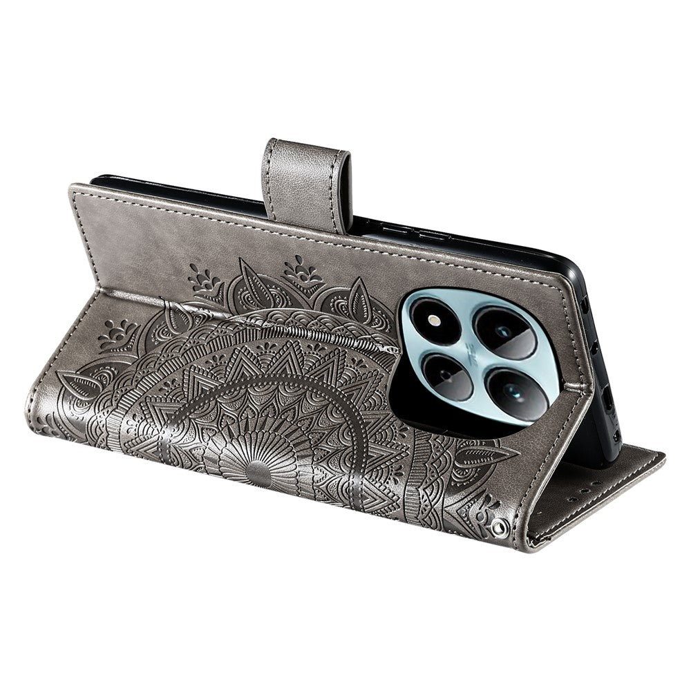 For Xiaomi Redmi Note 15 Pro 4G (Global) Stand Case Imprinted Totem PU Leather Wallet Phone Cover with Wrist Strap - Grey