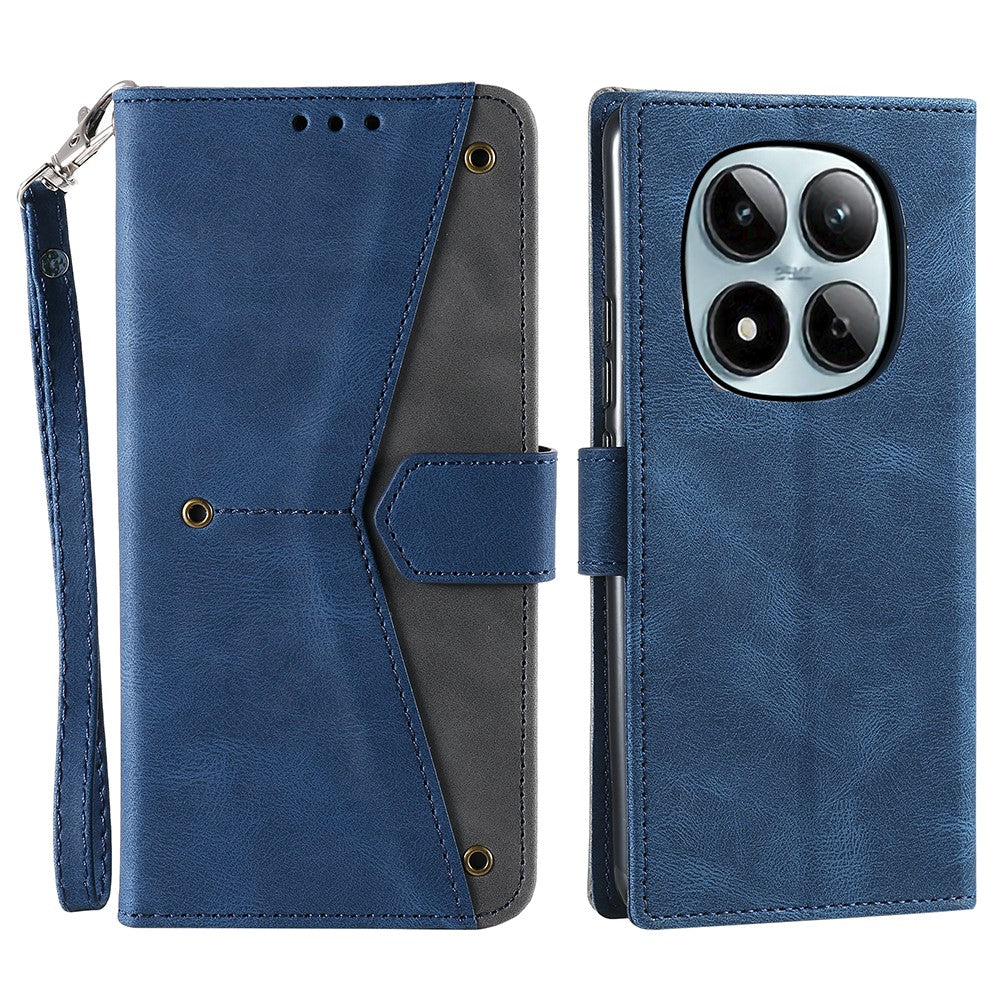 For Xiaomi Redmi Note 15 Pro 4G (Global) Leather Case Splicing Stitching Wallet Phone Cover with Wrist Strap - Blue