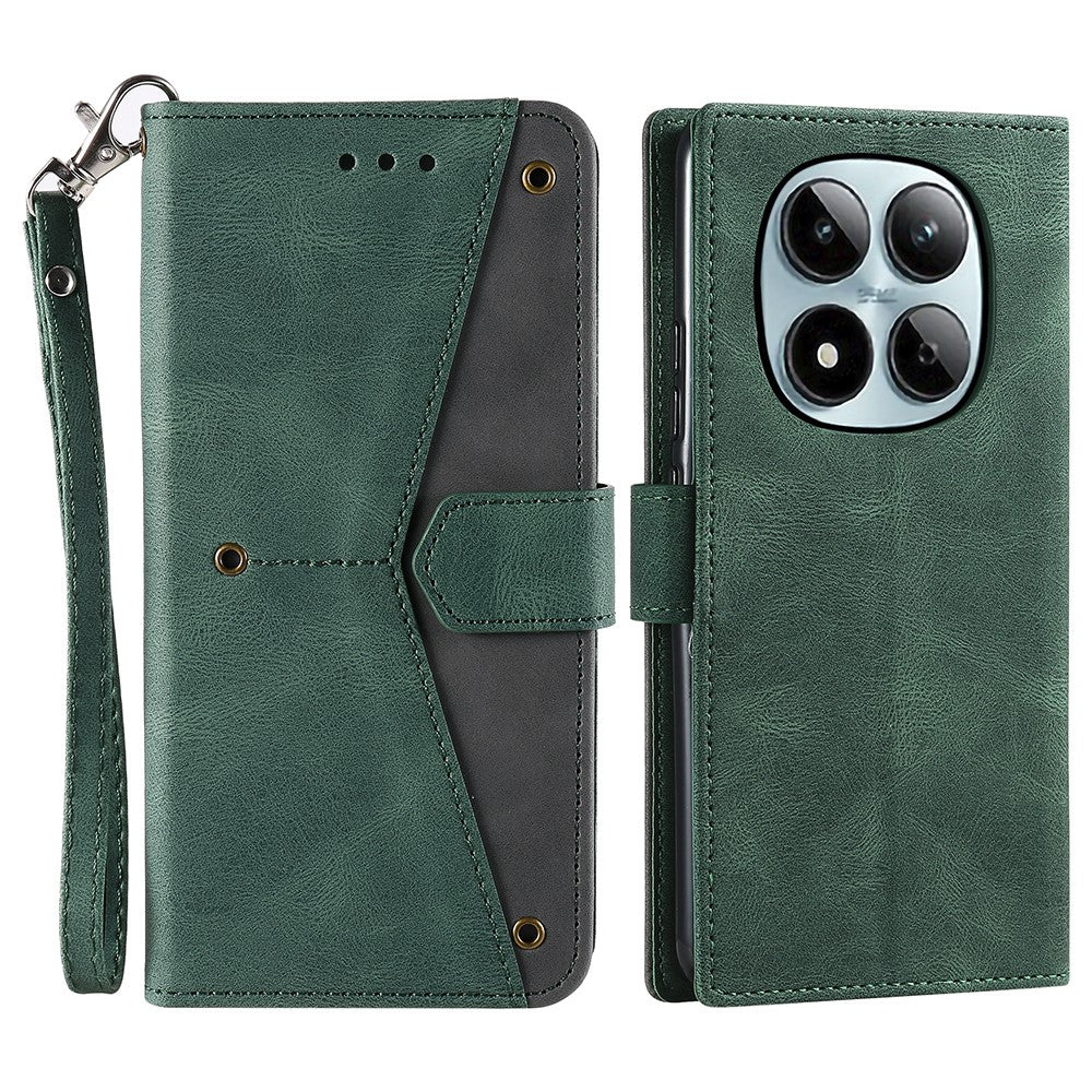 For Xiaomi Redmi Note 15 Pro 4G (Global) Leather Case Splicing Stitching Wallet Phone Cover with Wrist Strap - Green