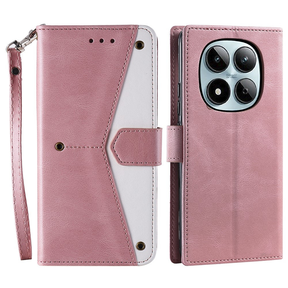 For Xiaomi Redmi Note 15 Pro 4G (Global) Leather Case Splicing Stitching Wallet Phone Cover with Wrist Strap - Rose Gold