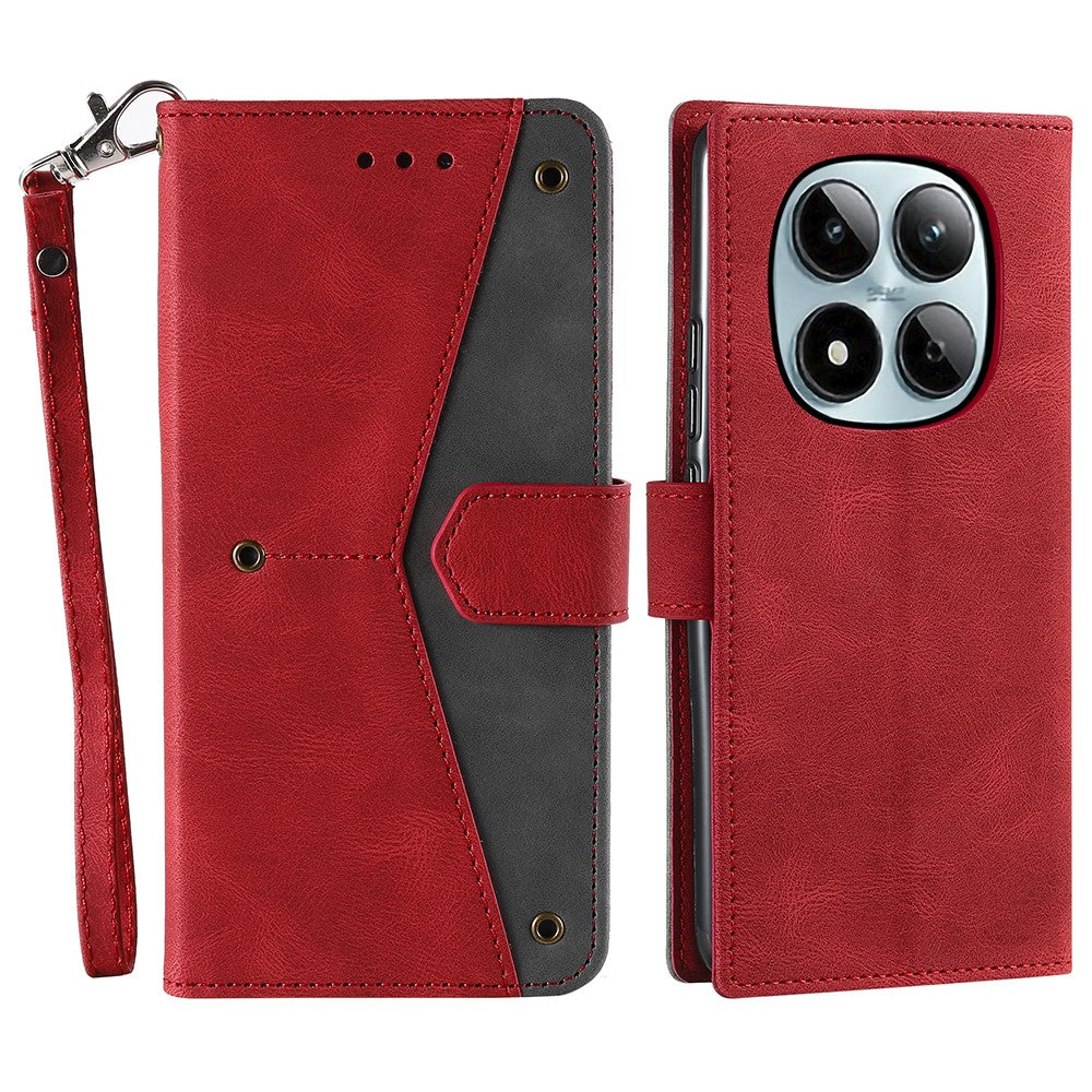 For Xiaomi Redmi Note 15 Pro 4G (Global) Leather Case Splicing Stitching Wallet Phone Cover with Wrist Strap - Red