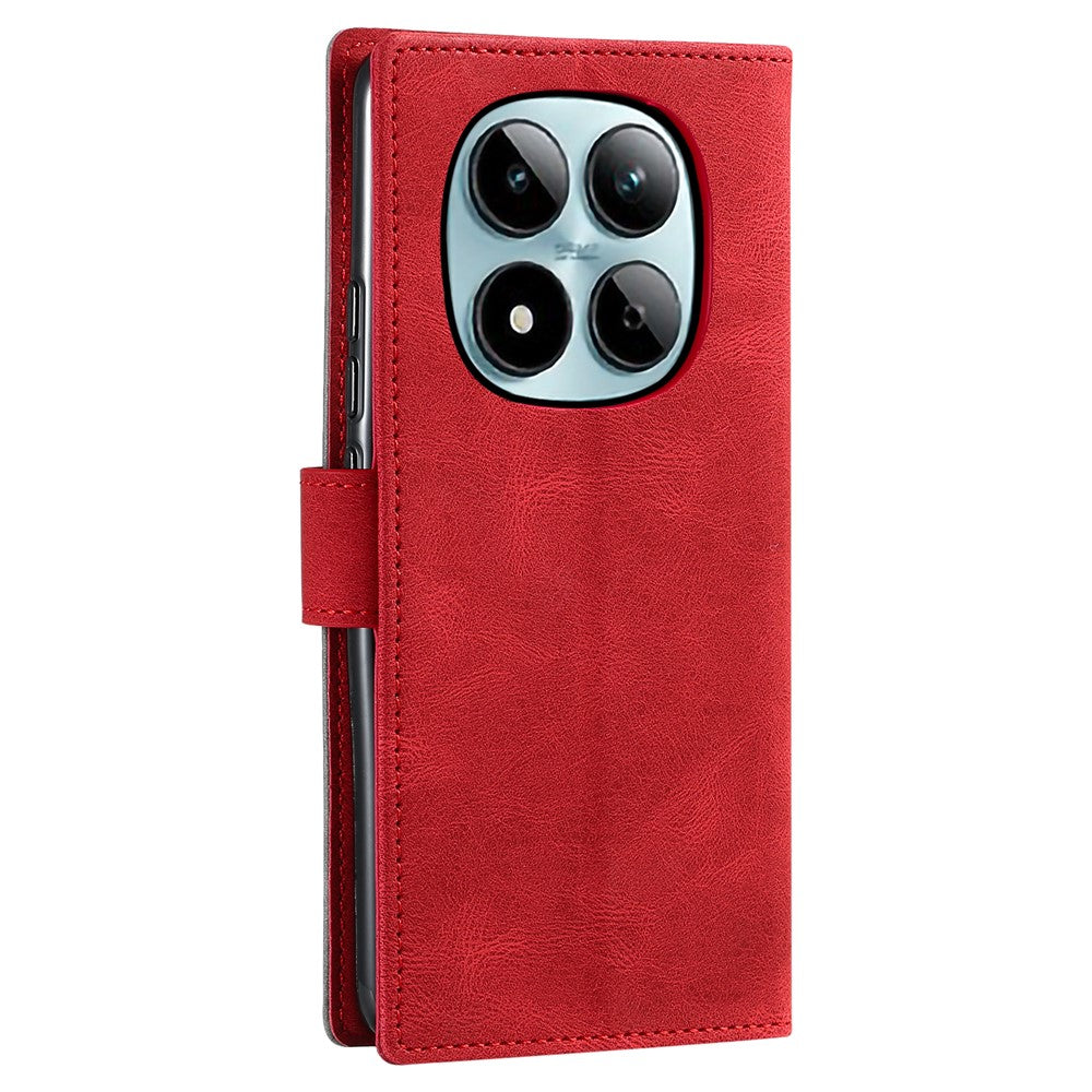 For Xiaomi Redmi Note 15 Pro 4G (Global) Leather Case Splicing Stitching Wallet Phone Cover with Wrist Strap - Red