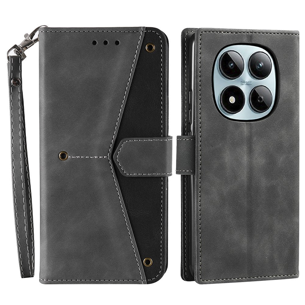 For Xiaomi Redmi Note 15 Pro 4G (Global) Leather Case Splicing Stitching Wallet Phone Cover with Wrist Strap - Grey