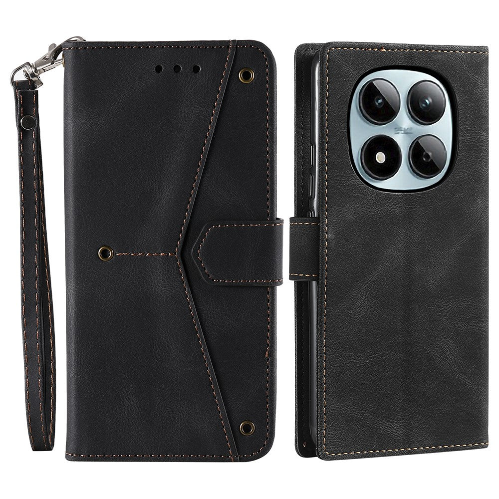 For Xiaomi Redmi Note 15 Pro 4G (Global) Leather Case Splicing Stitching Wallet Phone Cover with Wrist Strap - Black