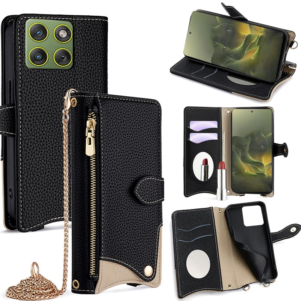 For Motorola Edge 70 5G Leather Case Wallet Stand Cover Irregular Tail Style with Chain Strap - Black