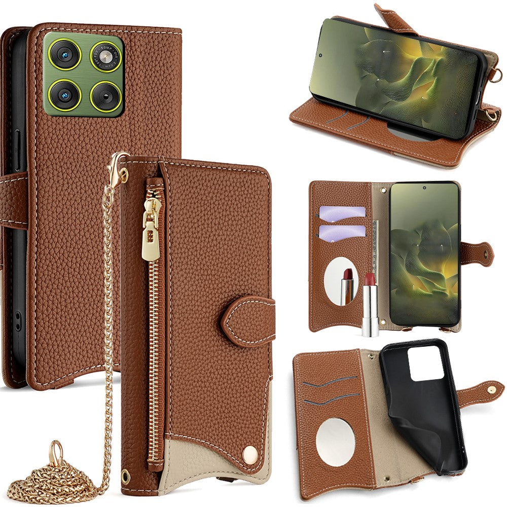 For Motorola Edge 70 5G Leather Case Wallet Stand Cover Irregular Tail Style with Chain Strap - Brown