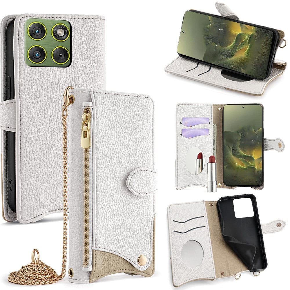 For Motorola Edge 70 5G Leather Case Wallet Stand Cover Irregular Tail Style with Chain Strap - White