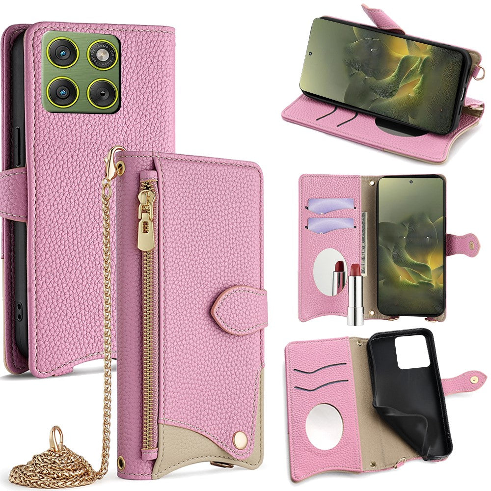 For Motorola Edge 70 5G Leather Case Wallet Stand Cover Irregular Tail Style with Chain Strap - Pink
