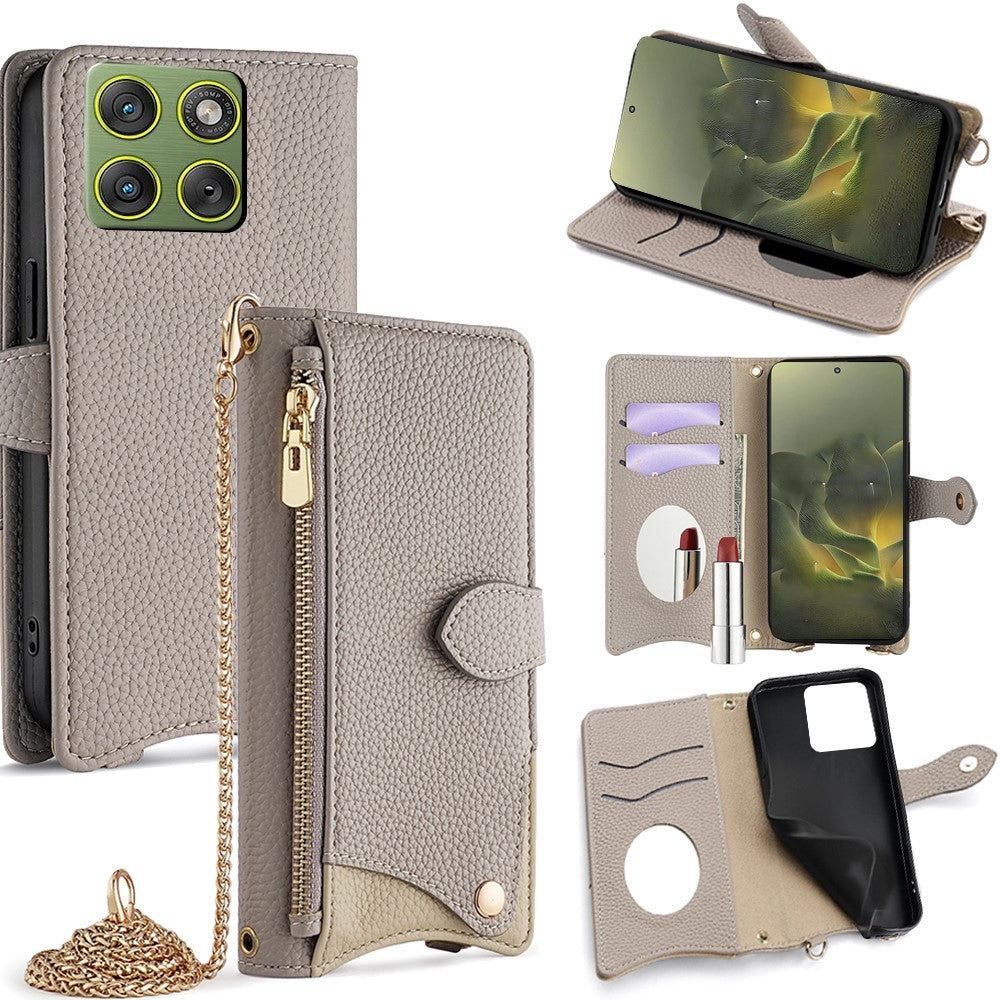 For Motorola Edge 70 5G Leather Case Wallet Stand Cover Irregular Tail Style with Chain Strap - Grey