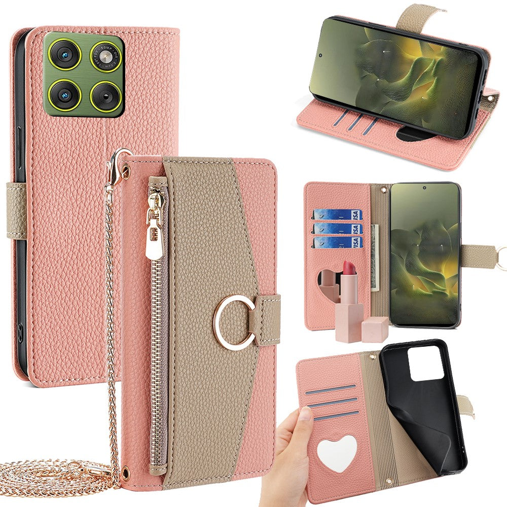 For Motorola Edge 70 5G Case Mirror Wallet Leather Phone Cover with Chain Shoulder Strap - Pink