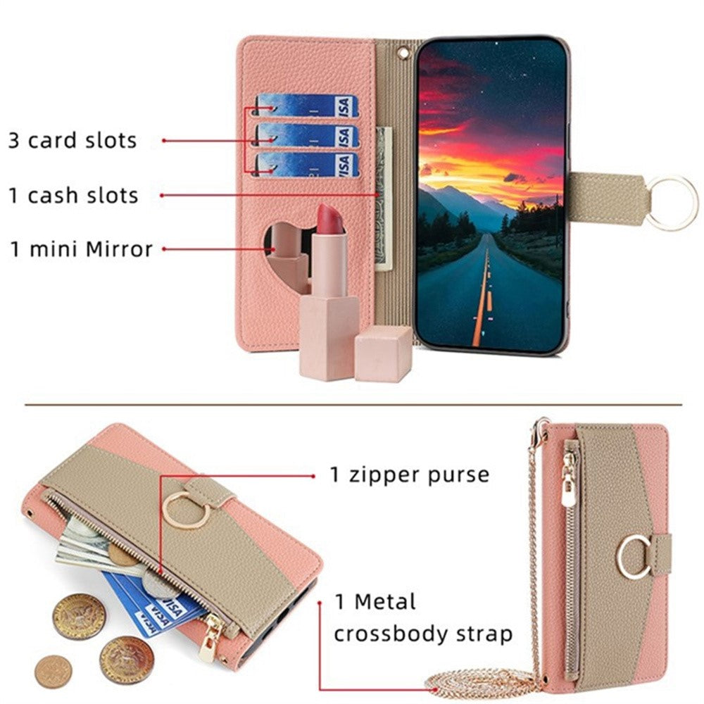 For Motorola Edge 70 5G Case Mirror Wallet Leather Phone Cover with Chain Shoulder Strap - Pink