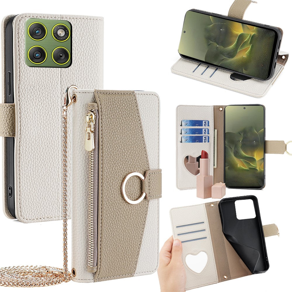 For Motorola Edge 70 5G Case Mirror Wallet Leather Phone Cover with Chain Shoulder Strap - White