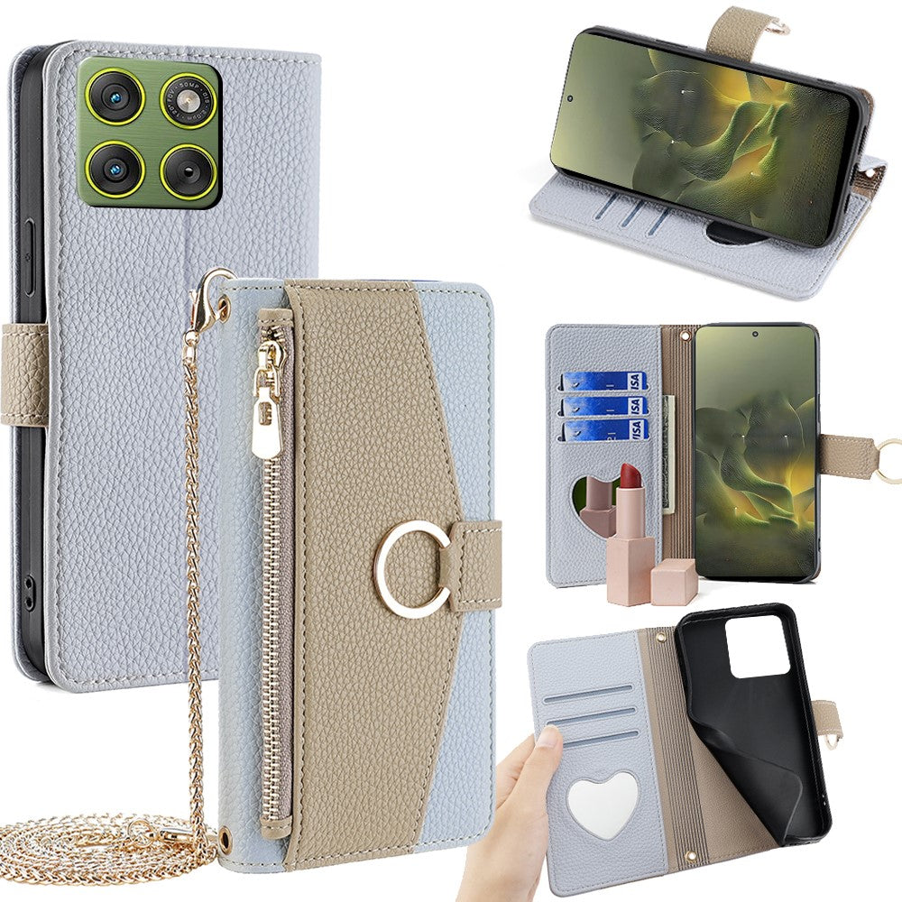 For Motorola Edge 70 5G Case Mirror Wallet Leather Phone Cover with Chain Shoulder Strap - Blue