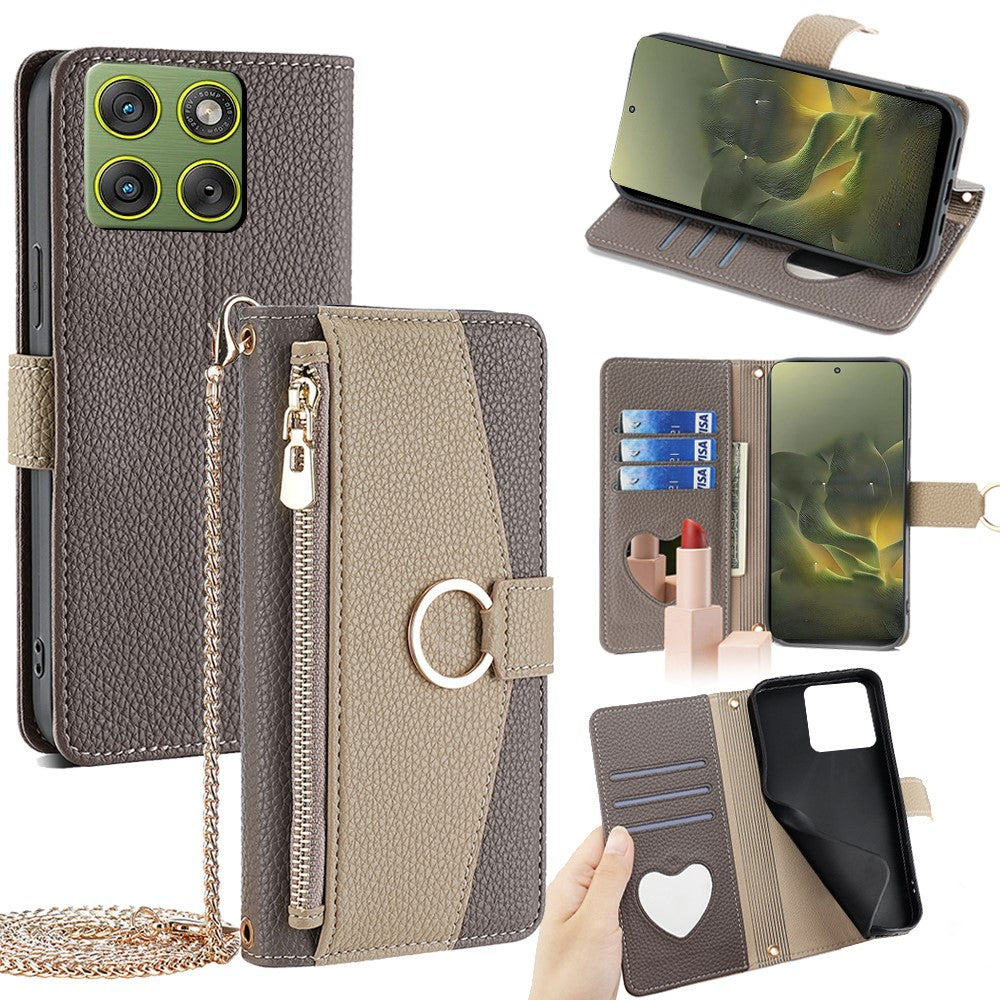 For Motorola Edge 70 5G Case Mirror Wallet Leather Phone Cover with Chain Shoulder Strap - Grey