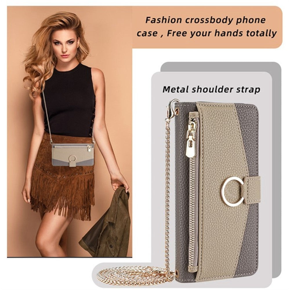 For Motorola Edge 70 5G Case Mirror Wallet Leather Phone Cover with Chain Shoulder Strap - Grey