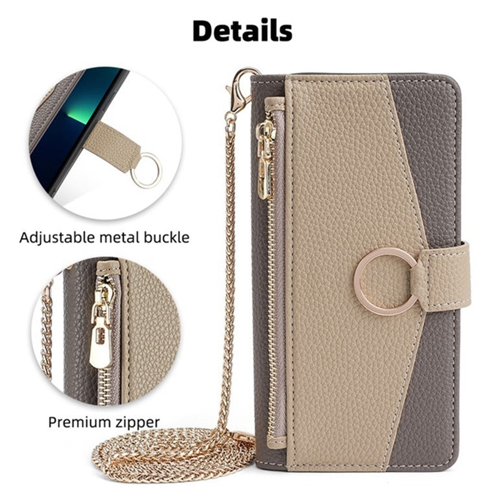 For Motorola Edge 70 5G Case Mirror Wallet Leather Phone Cover with Chain Shoulder Strap - Grey