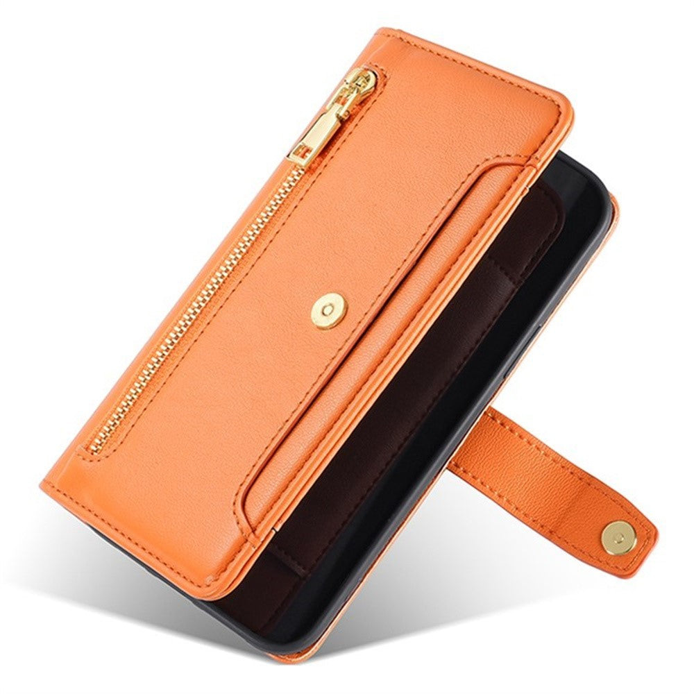 For Motorola Edge 70 5G Leather Case Zipper Pocket Wallet Phone Cover with 2 Straps - Orange