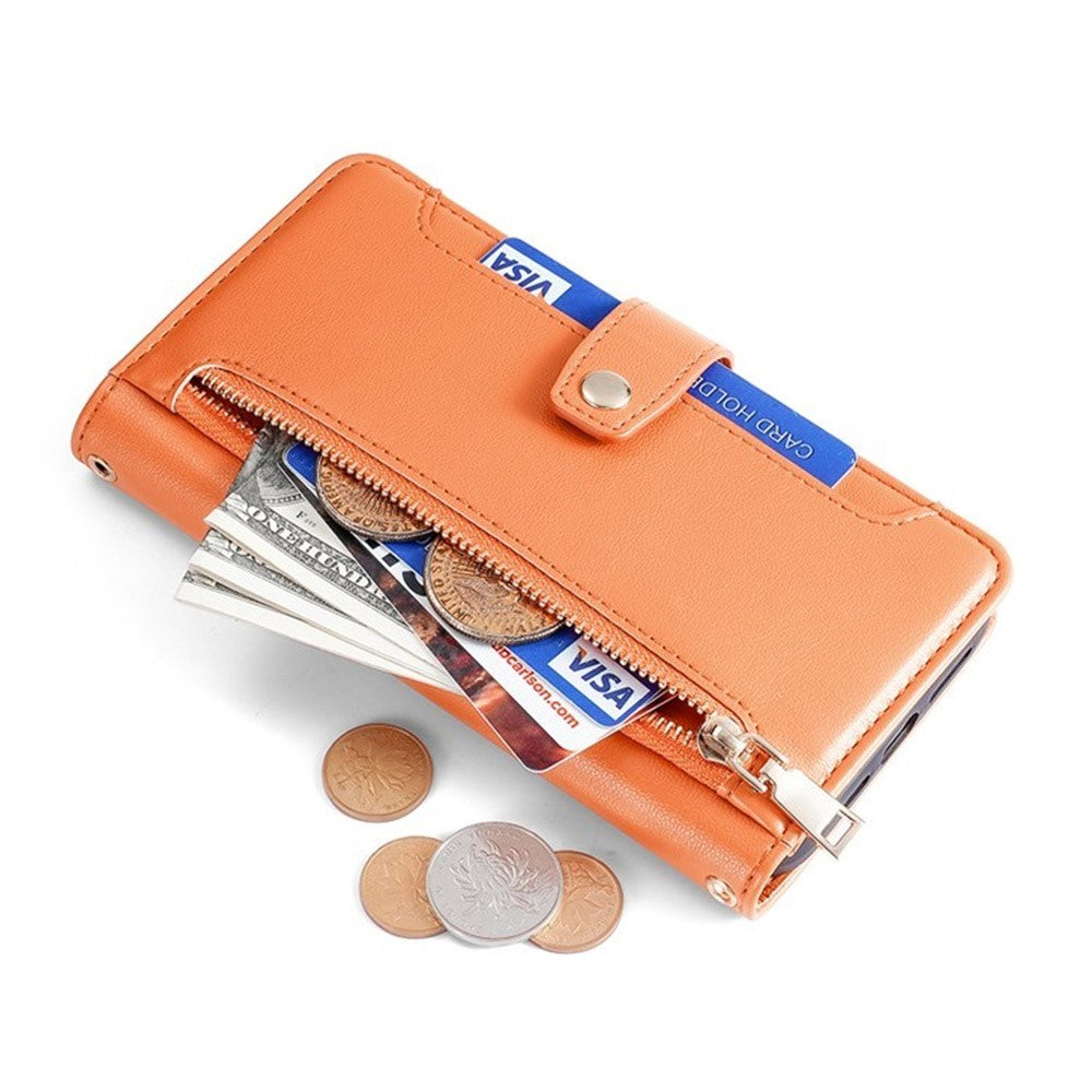For Motorola Edge 70 5G Leather Case Zipper Pocket Wallet Phone Cover with 2 Straps - Orange