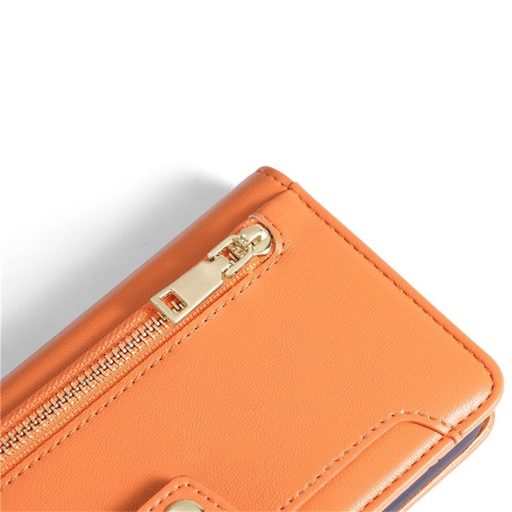 For Motorola Edge 70 5G Leather Case Zipper Pocket Wallet Phone Cover with 2 Straps - Orange