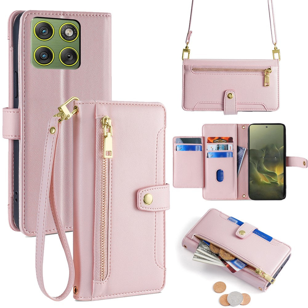 For Motorola Edge 70 5G Leather Case Zipper Pocket Wallet Phone Cover with 2 Straps - Pink