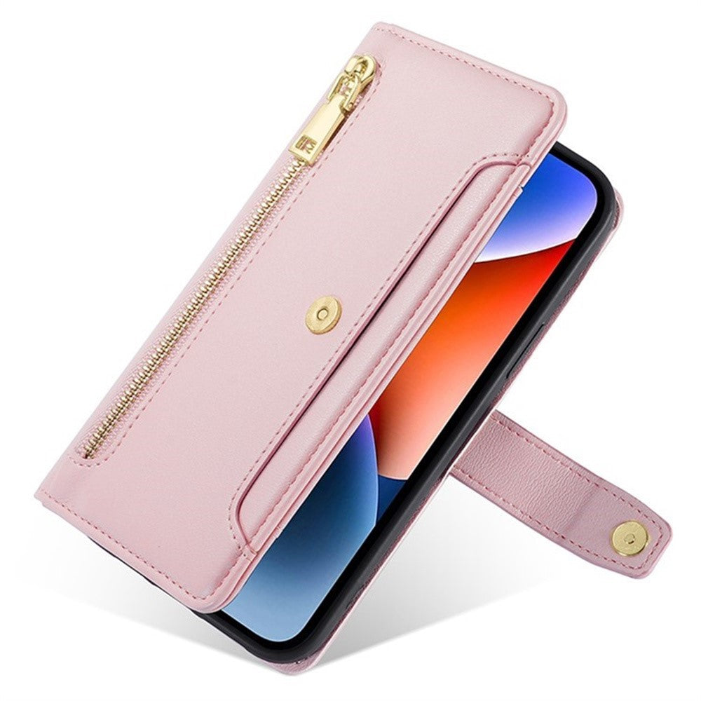 For Motorola Edge 70 5G Leather Case Zipper Pocket Wallet Phone Cover with 2 Straps - Pink