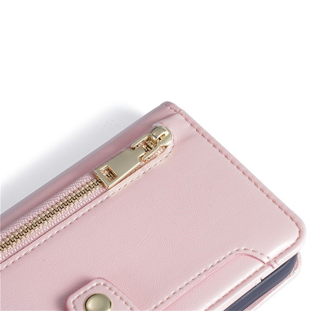 For Motorola Edge 70 5G Leather Case Zipper Pocket Wallet Phone Cover with 2 Straps - Pink