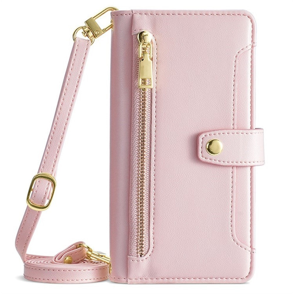 For Motorola Edge 70 5G Leather Case Zipper Pocket Wallet Phone Cover with 2 Straps - Pink