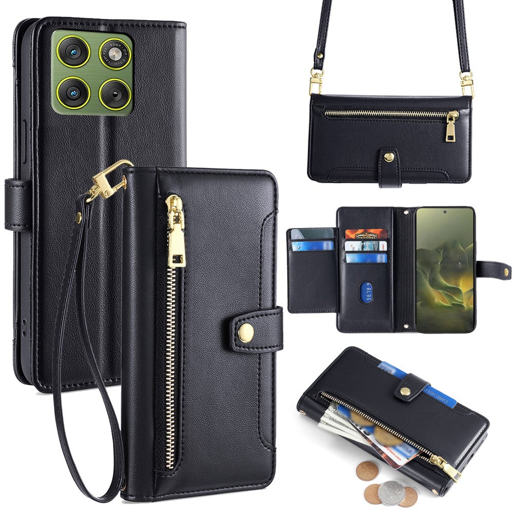 For Motorola Edge 70 5G Leather Case Zipper Pocket Wallet Phone Cover with 2 Straps - Black