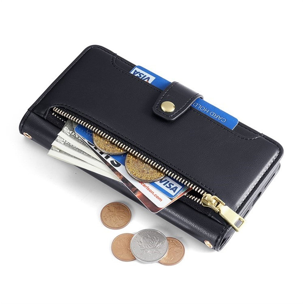 For Motorola Edge 70 5G Leather Case Zipper Pocket Wallet Phone Cover with 2 Straps - Black