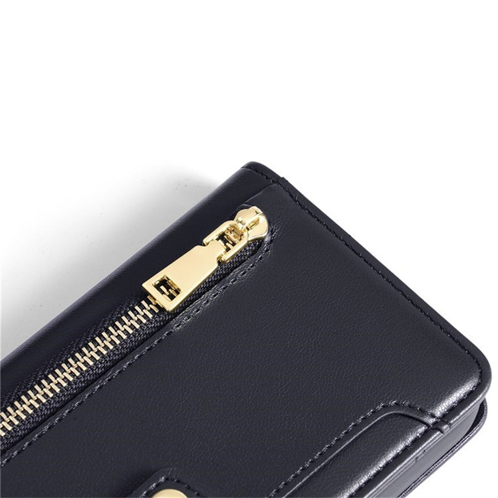 For Motorola Edge 70 5G Leather Case Zipper Pocket Wallet Phone Cover with 2 Straps - Black